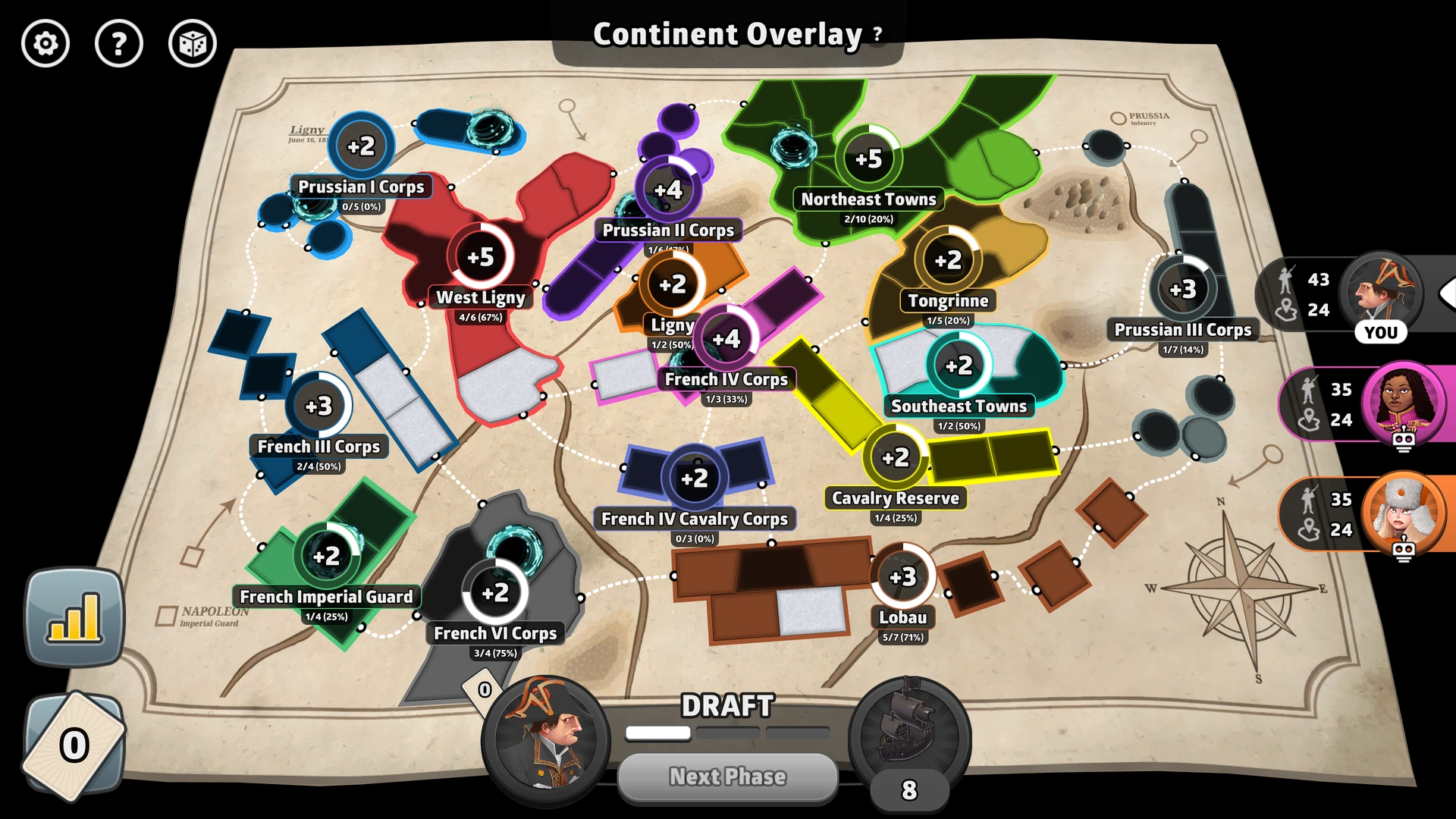 Battle of Ligny map from Risk: Global Domination, displaying the battlefield with French and Prussian positions.