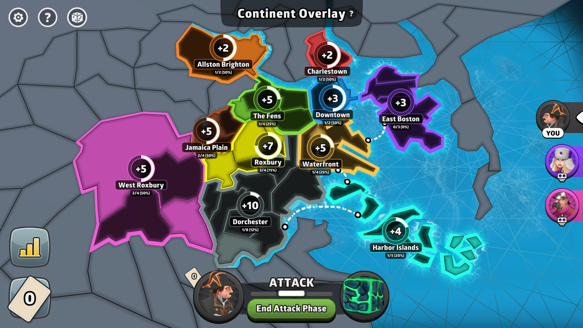 Modern Boston map from Risk: Global Domination, displaying key regions and troop bonuses.